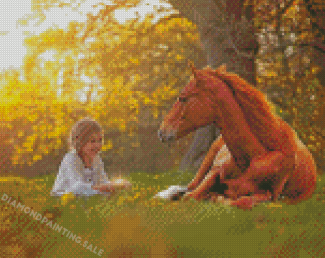 Little Girl With Horse In Garden Diamond Painting