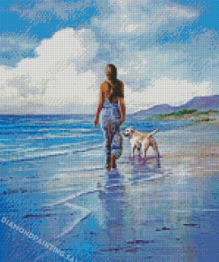 Girl And Dog Walking On Beach Diamond Painting