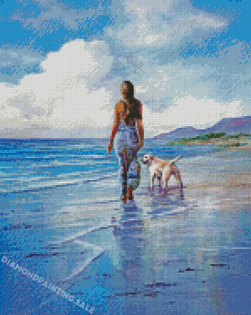 Girl And Dog Walking On Beach Diamond Painting