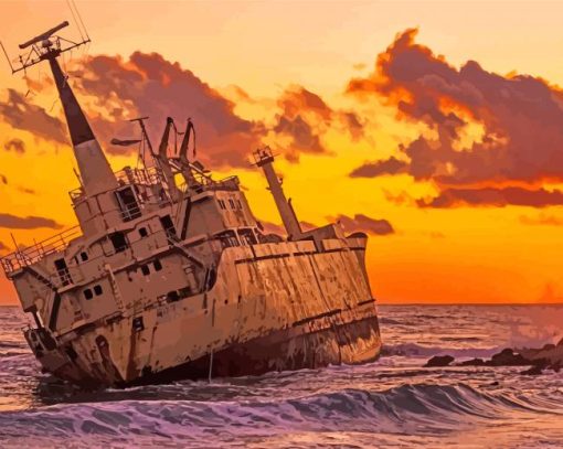 Shipwreck At Sunset Diamond Painting