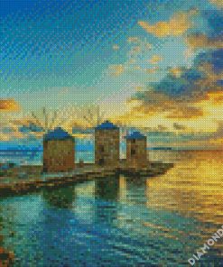 Sunset At Greece Chios Windmills Diamond Painting