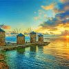 Sunset At Greece Chios Windmills Diamond Painting
