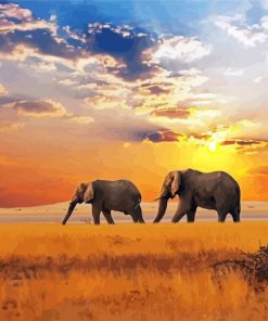 Elephants Sunset African Landscape Diamond Painting