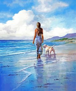 Girl And Dog Walking On Beach Diamond Painting