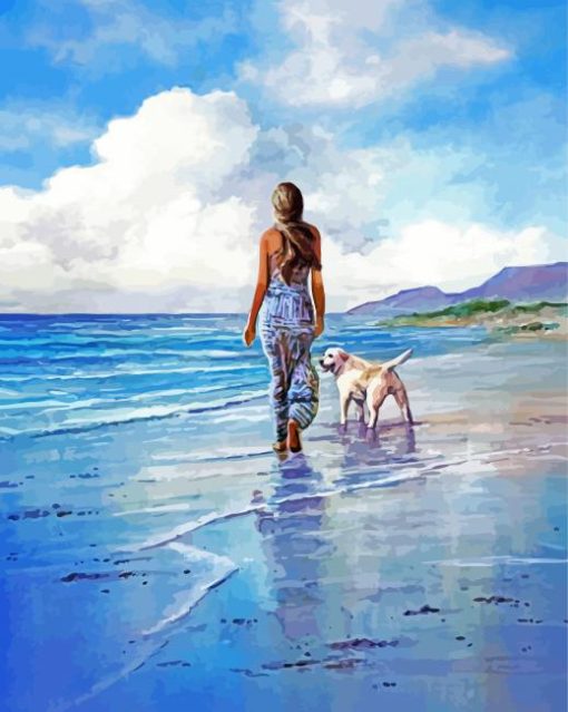 Girl And Dog Walking On Beach Diamond Painting