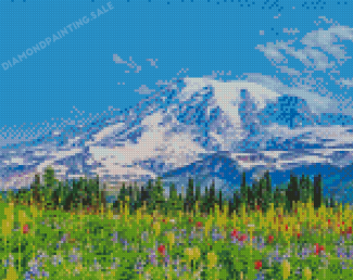 Mt Rainier And Flowers Diamond Painting
