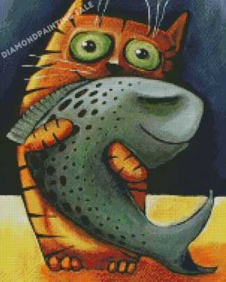 Aesthetic Cat With Fish Diamond Painting