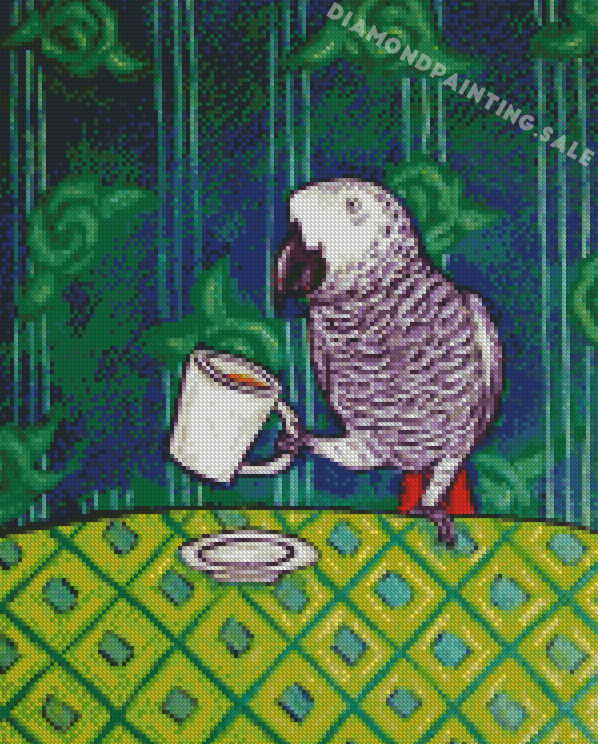 Grey Parrot Drinking Coffee Diamond Painting