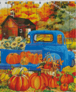 Fall With Blue Truck Diamond Painting