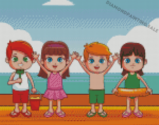 Cute Kids At Beach Cartoon Diamond Painting