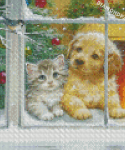 Dog And Cat In Christmas Window Diamond Painting