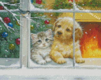 Dog And Cat In Christmas Window Diamond Painting