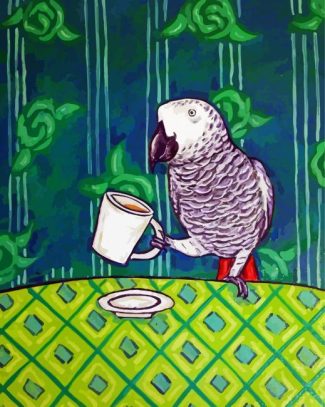 Grey Parrot Drinking Coffee Diamond Painting