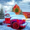 Vintage Red Truck And Barn In Snow Diamond Painting