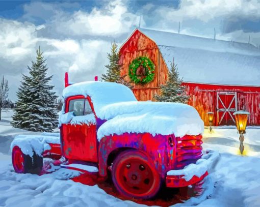 Vintage Red Truck And Barn In Snow Diamond Painting