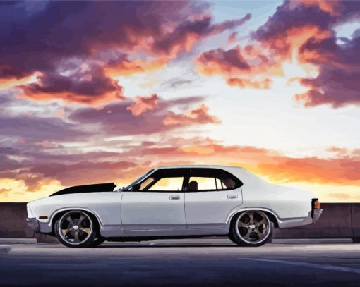 White Ford Falcon Car With Beautiful Sunset Diamond Painting