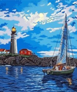 Lighthouse And Sailboat At Night Diamond Painting