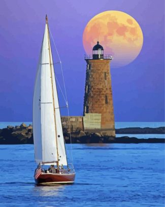 Lighthouse And Sailboat In Sea Diamond Painting