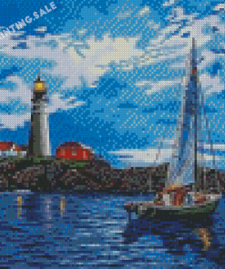 Lighthouse And Sailboat At Night Diamond Painting
