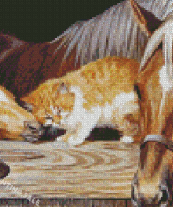 Beautiful Cat And Horses Diamond Painting