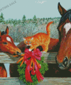 Christmas Cat And Horses Diamond Painting