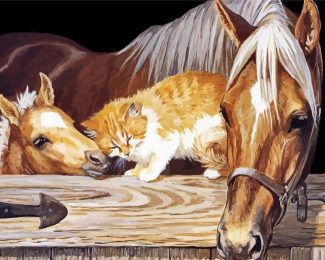 Beautiful Cat And Horses Diamond Painting