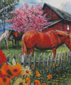 House With Flowers And Horse Diamond Painting