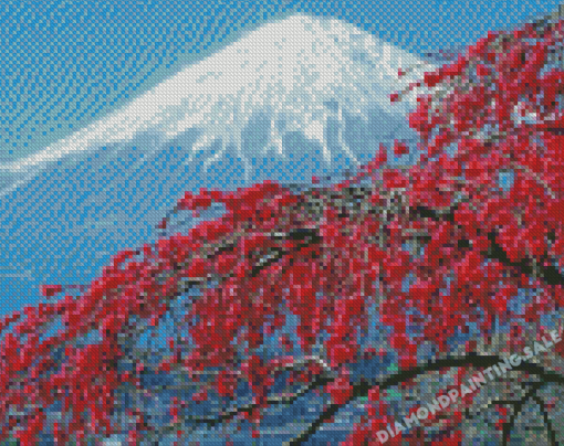 Fall Cherry Blossom With Snowy Mountain Diamond Painting
