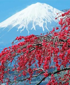 Fall Cherry Blossom With Snowy Mountain Diamond Painting