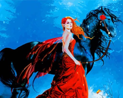 Girl With Black Horse Diamond Painting