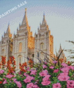 Aesthetic Salt Lake Temple And Flowers Diamond Painting