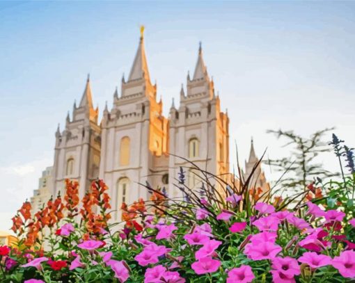 Aesthetic Salt Lake Temple And Flowers Diamond Painting