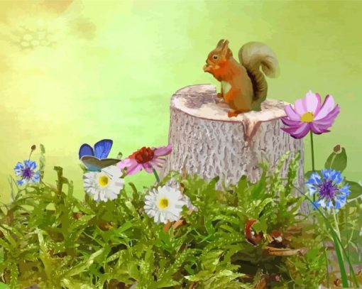Squirrel On Tree Stumps Diamond Painting