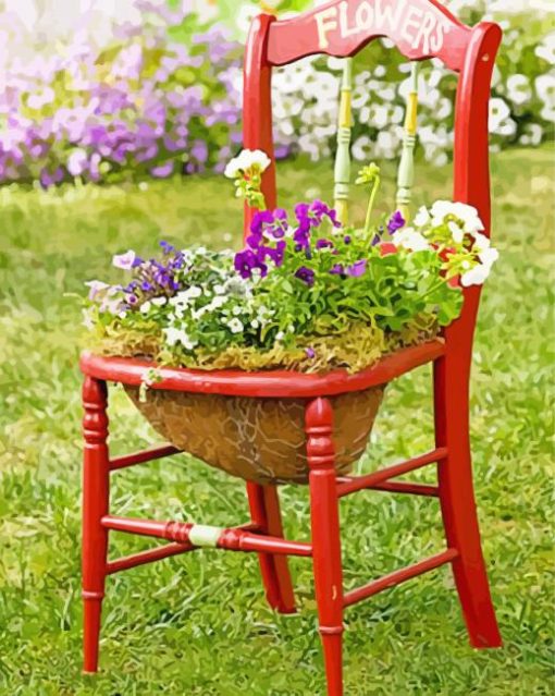 Flowers In Red Chair Diamond Painting