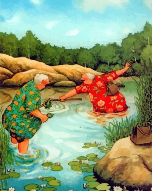 Old Women In River Diamond Painting