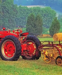 Red Tractor In Hay Field Diamond Painting
