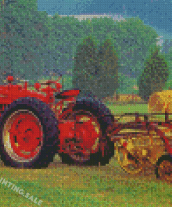 Red Tractor In Hay Field Diamond Painting