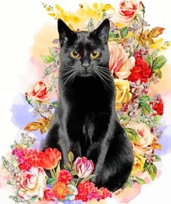 Black Cat And Flowers Diamond Painting