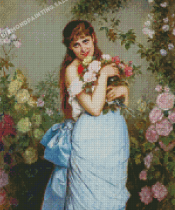 A Young Woman In A Rose Garden By Auguste Toulmouche Diamond Painting