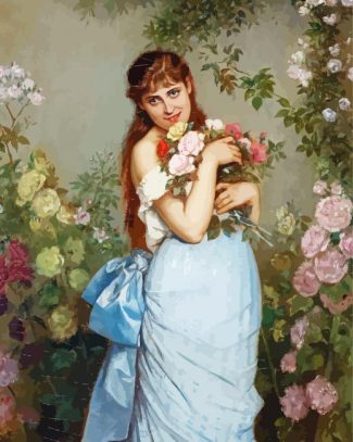 A Young Woman In A Rose Garden By Auguste Toulmouche Diamond Painting