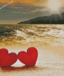 Beach With Red Hearts In Sand Diamond Painting