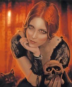 Gothic Girl Skull With Cat Diamond Painting