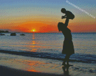 Mother And Son On Beach Sunset Diamond Painting