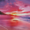 Pink Sunset With Mountain And Waves Diamond Painting