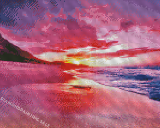 Pink Sunset With Mountain And Waves Diamond Painting