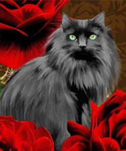 Black Cats With Red Flowers Art Diamond Painting