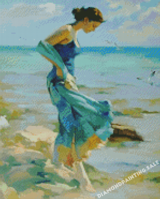 Lady In Blue At The Beach Art Diamond Painting