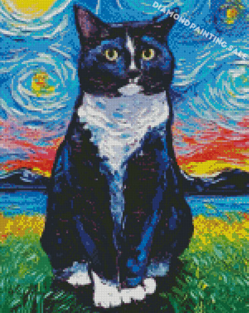 Starry Night Tuxedo Cat Diamond Painting