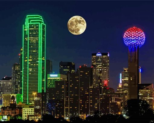 Full Moon Over Dallas Skyline Diamond Painting