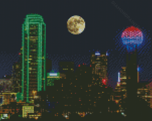 Full Moon Over Dallas Skyline Diamond Painting